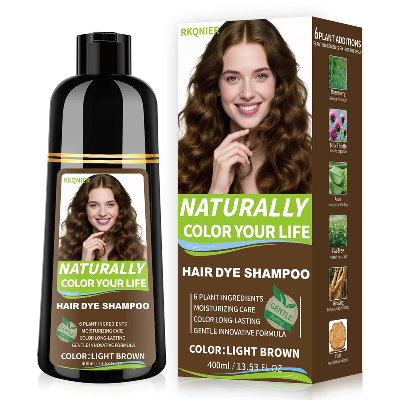 RKQNIER Light Brown Hair Dye Shampoo for Women & Men, 20 Min Gray Coverage, 3 in 1 Semi-Permanent Hair Color Shampoo with Natural Herbal Ingredients