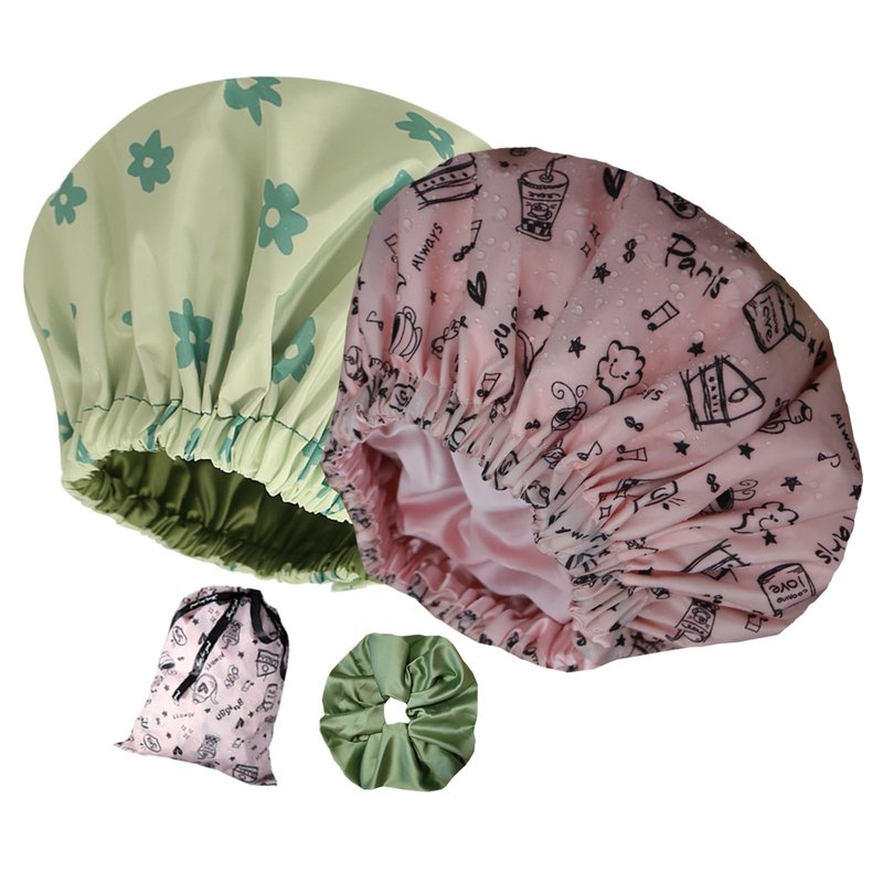 2Pcs Genergy Luxury Satin lined Shower Cap With Scrunchy and Packing Bag Waterproof Baths Cap For All Hair Lengths Frizz Free Reusable Adjustable Large Double Layers Cap for Women Shower Spa Travel