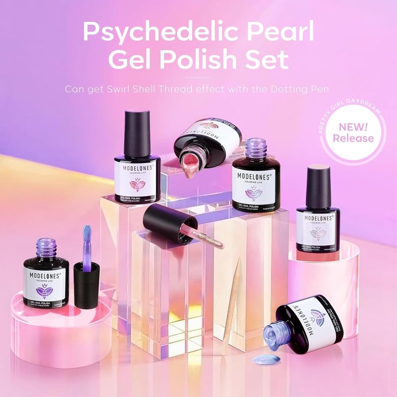 Modelones Gel Nail Polish - 6 Colors Spring Pastel Shimmer | Pearl White, Pink, Purple, Mermaid Glitter for DIY Nail Art