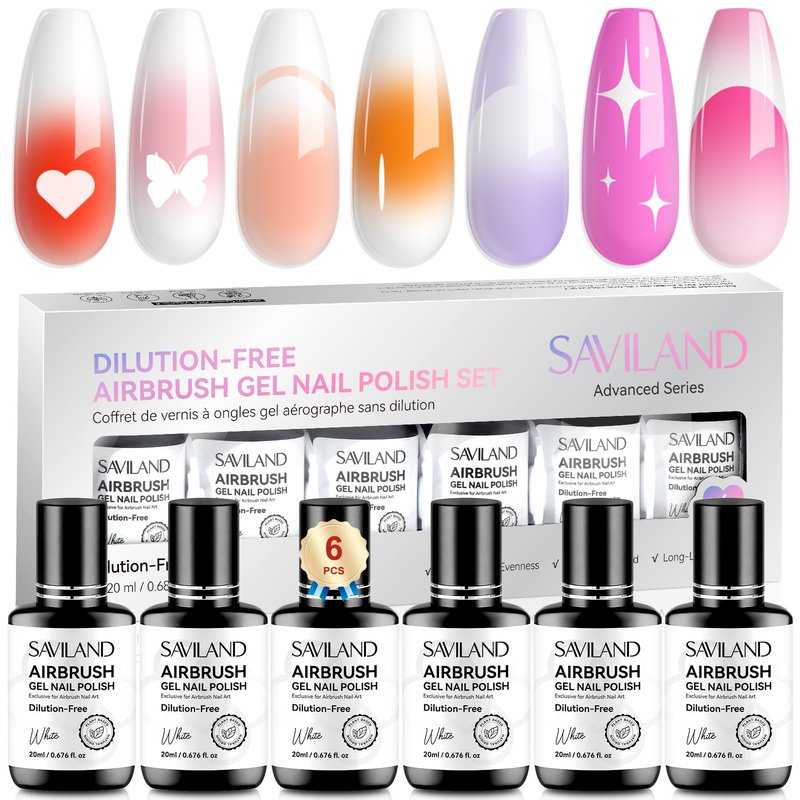 SAVILAND Dilution-Free Airbrush Gel Nail Polish Hema-Free: 20ml 0-Acetone 6PCS White Nail Polish for Airbrush Pure Formula No Clogging Gel Airbrush Paint for Nails Coverage for Ombre Nail Art Salon
