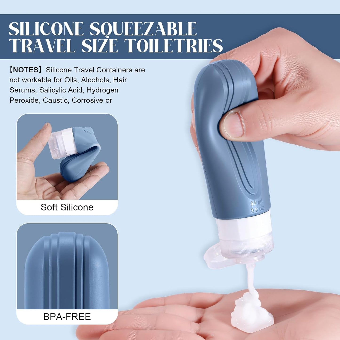 Skiennix Travel Bottles - 3oz TSA Approved Silicone Leak-Proof Containers | Blue Refillable Essentials