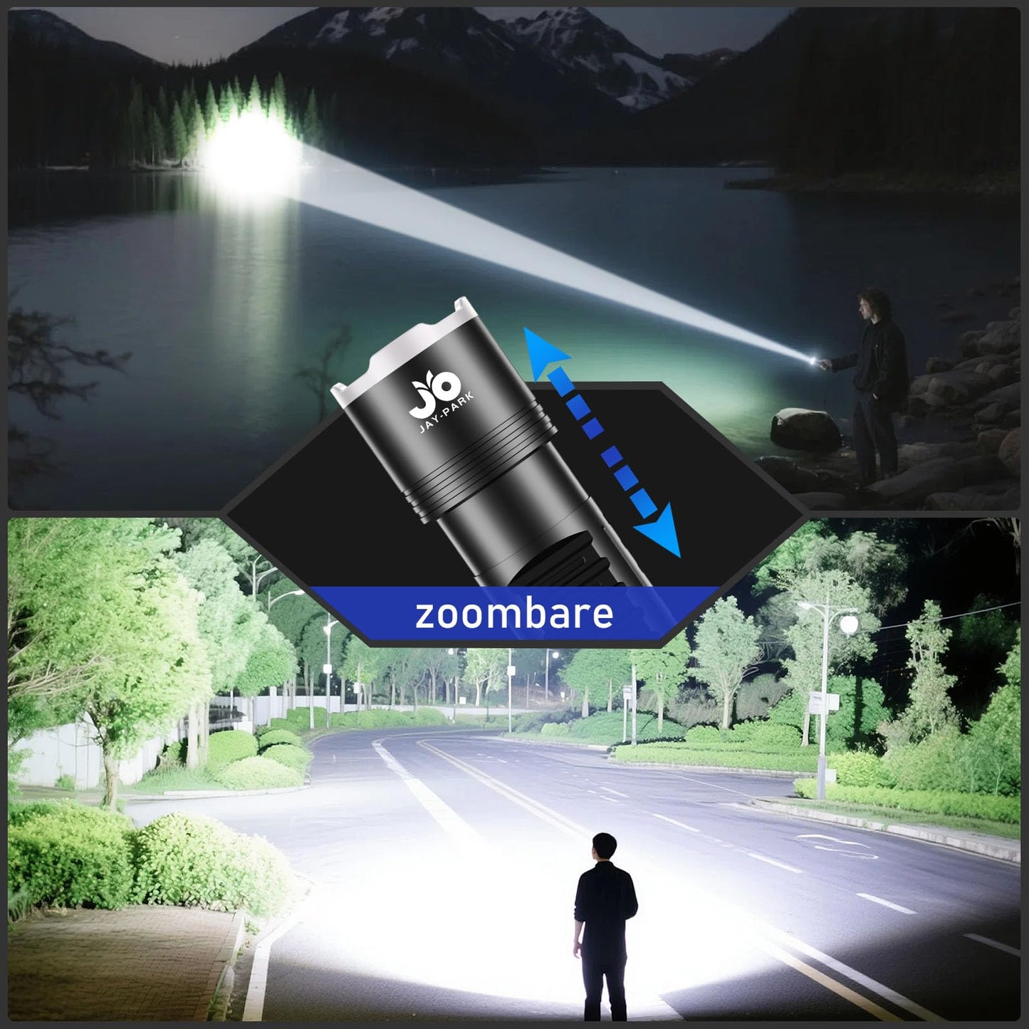 JAY-PARK LED Flashlights High Lumens 100000, Built-in 10800mAh Rechargeable Battery and LCD Power Display, 5 Lighting Modes, Zoomable, for Home, Emergency