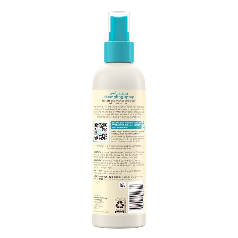 Aveeno Kids Hydrating Detangling Spray with Oat Extract, Quickly Detangles Hair, Tear-Free, Gentle on Sensitive Skin & Scalp, Detangler Spray for Kids, Hypoallergenic, 10 fl. oz