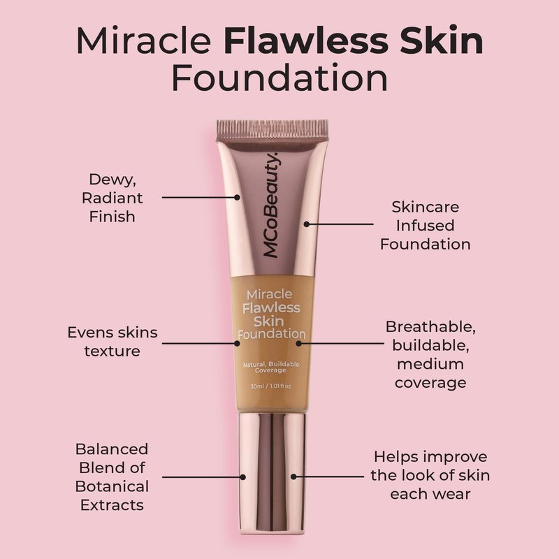 MCoBeauty Miracle Flawless Skin Liquid Foundation Nude Beige - Buildable Medium Coverage Dewy Finish for All Skin Types - Hyaluronic Acid Coconut Water Rose Water Hydrating Face Makeup Vegan - 1 Fl Oz