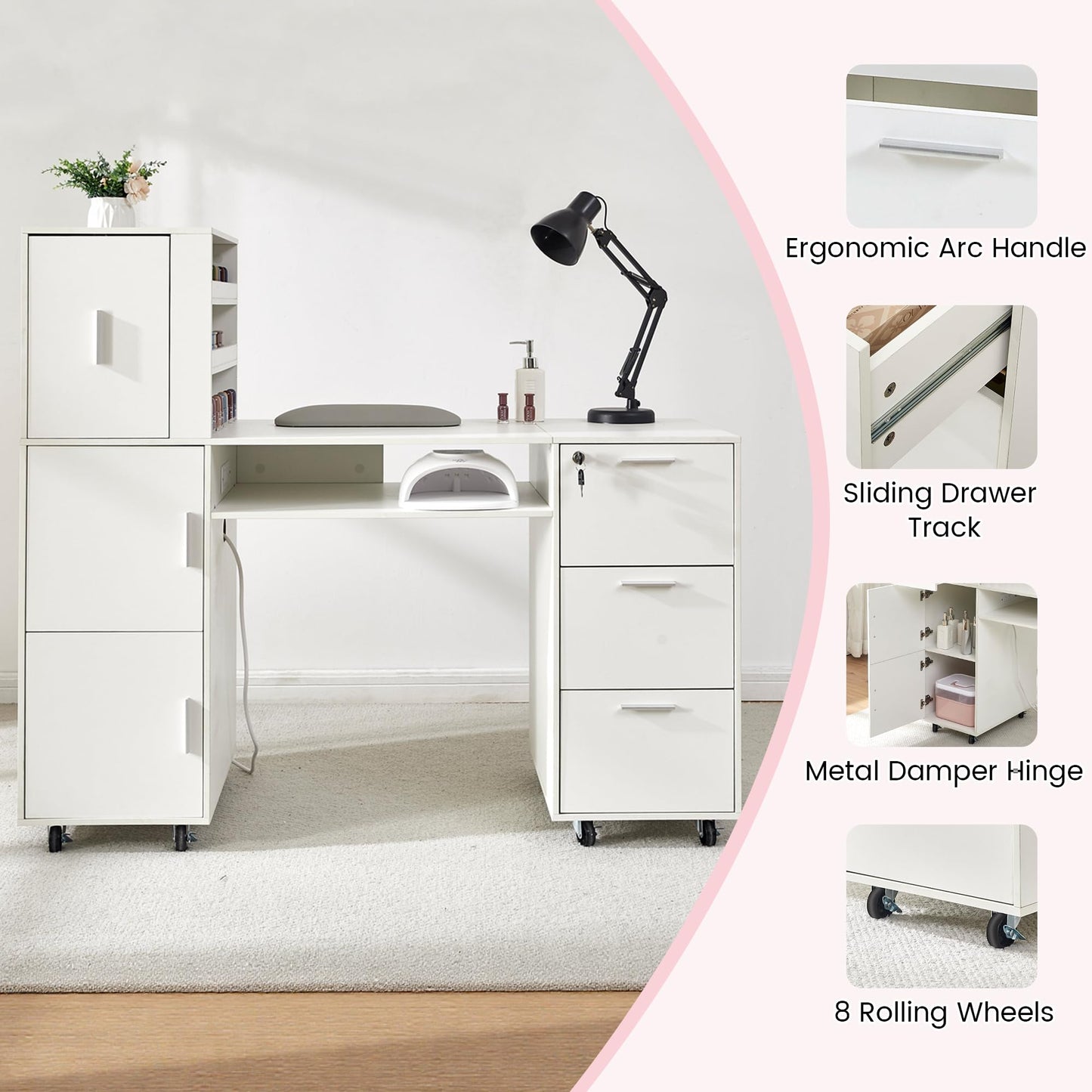 WLLPNG 55.1" Rolling Nail Table for Nail Tech, Manicure Table with Storage and Power Outlet, Portable Nail Desk with Drawers for Professional Beauty Salon Home (White)