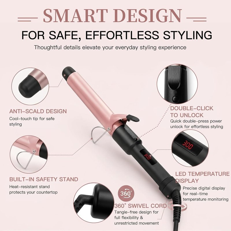 MEGAWISE Unlock Your Hair's Potential with MegaWise Pro Curling Iron: 1 1/4 inch Ceramic Barrel, 60s Fast Heating, Anti-Scald Grip, and Complete Styling Kit for Effortless Glamour!