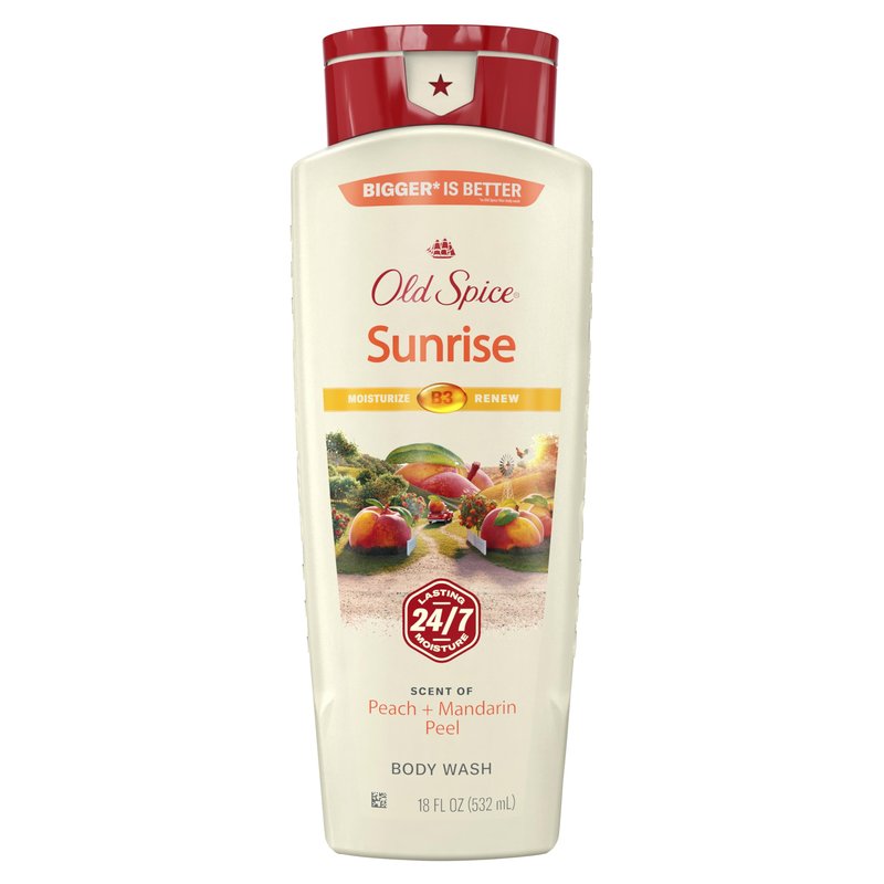 Old Spice Cleansing Body Wash for Men, 24/7 Shower Fresh with Lasting Scent, Moisturize & Renew, Gentle on Skin, Vitamin B3, Sunrise with Peach + Mandarin Peel Scent, 18 oz