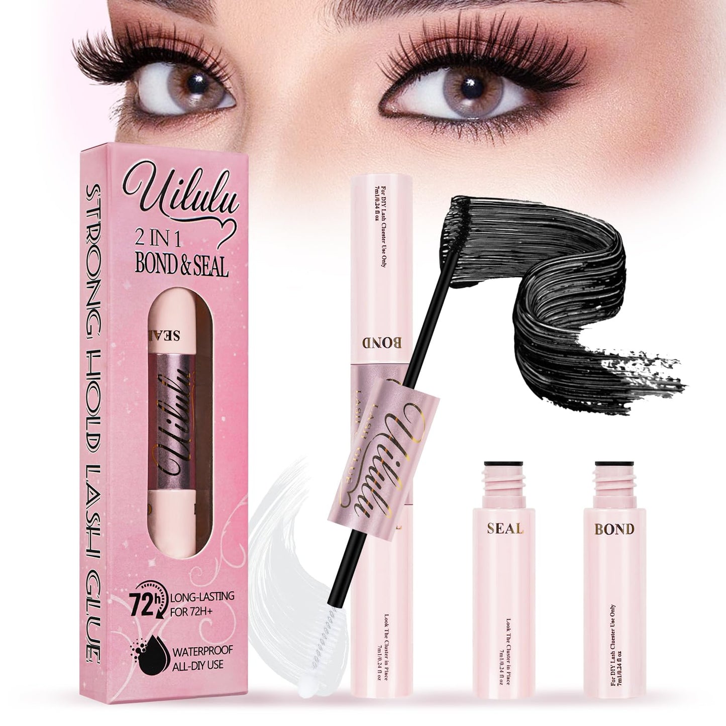 Uilulu Lash Glue - Waterproof 2-in-1 Black Adhesive for Strong Hold | DIY Eyelash Bond & Seal (14ml)