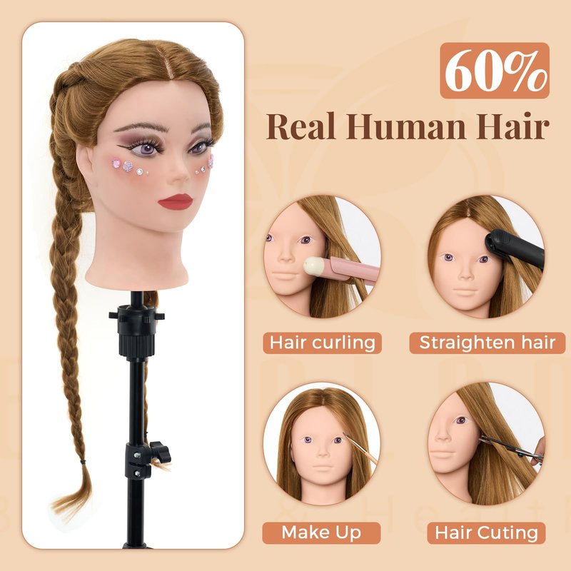 Mannequin Head with 80% Real Human hair- 28" Hair Mannequin Heads for Make up, Braiding Hairdressing Doll Head for Styling with Table Clamp + DIY Hair Styling Set