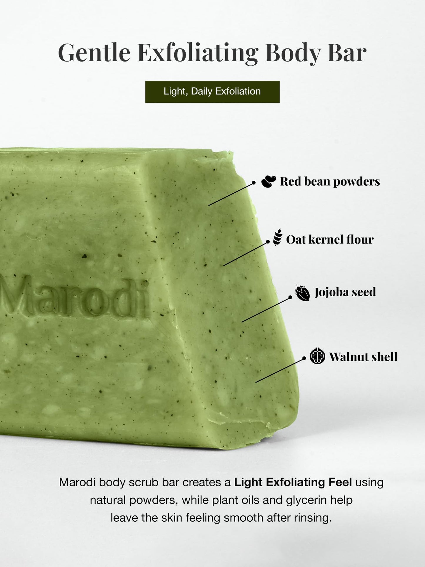 Marodi Body Scrub Bar Soap, 7 Oz (200g), Korean Exfoliating Body Wash Bar with Green Tea & Centella Extract, Subtle Fruity Citrus Scent, Deep Cleaning, Moisturizing & Refreshing, Sunrise Mist