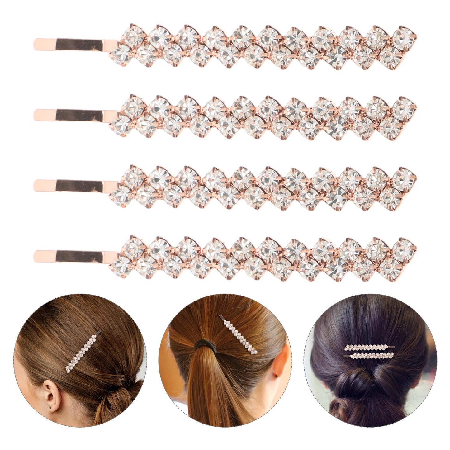 Uonlytech Hair Jewelry Clip, 1 Set 2 Pairs Rhinestone Hair Barrette, Rose Gold Fashion Hair Clip for Women