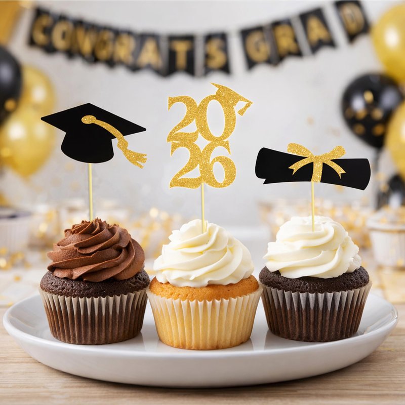 OHOME Graduation Decorations 2026-36 PCS Graduation Cupcake Toppers - 2026 Graduation Party Decorations - Mini Cake Decorations for Class of 2026,Diploma, 2026, Grad Cap Set (Black)