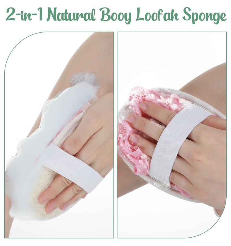 2Pcs Loofah Exfoliating, 2 in 1 Natural Green Pink Loofah for Women Reusable & Washable Loofa, Ideal for Body Scrubbing Gentle Exfoliation for Women & Men Shower Bath