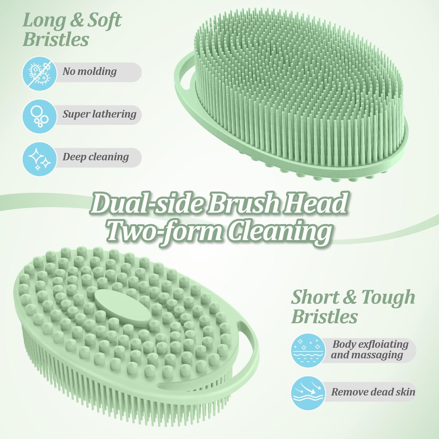 GEENOA Silicone Back Body Face Scrubbers Set 4PCS, 15.35’’ Back Scrubber Soft Body Scrubber for Dual-Side Usage, Easy-to-Hold Soft Bath Glove & Face Scrubber for Good Foaming Deep Cleaning(Green)