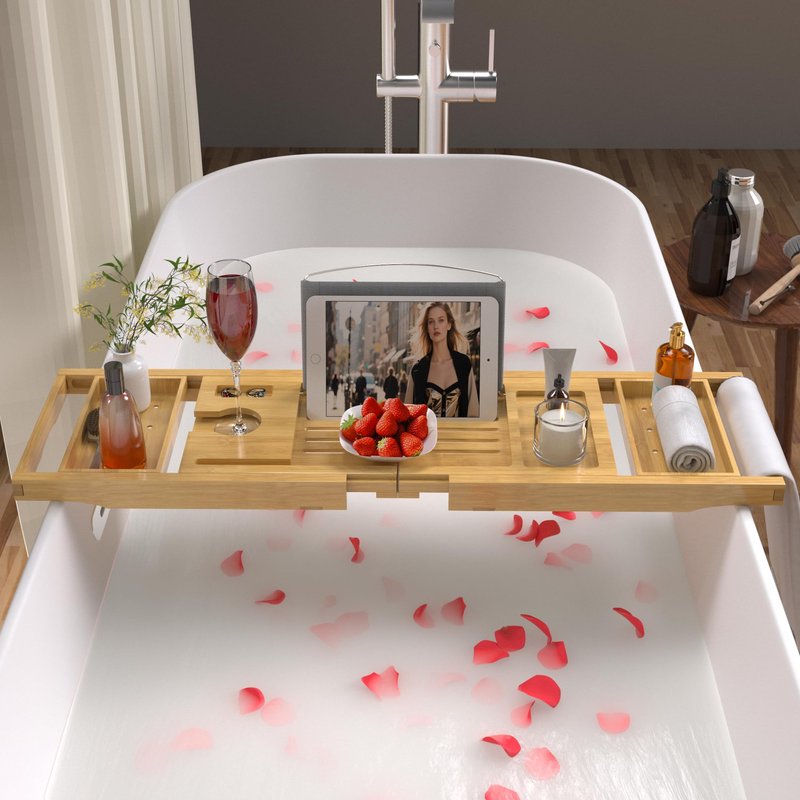Bathtub Caddy Tray for Tub,Foldable Bath Table Trays,Bamboo Shelf with Book and Wine Glass Holder,Bathroom Accessories Suitable for Luxury Spa or Reading,Natural