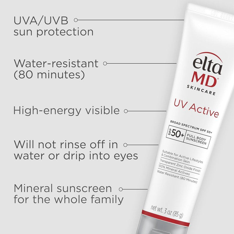 EltaMD UV Active Sunscreen - 100% Mineral SPF 50+ for Active Lifestyles | Water-Resistant 3.0 oz Tube