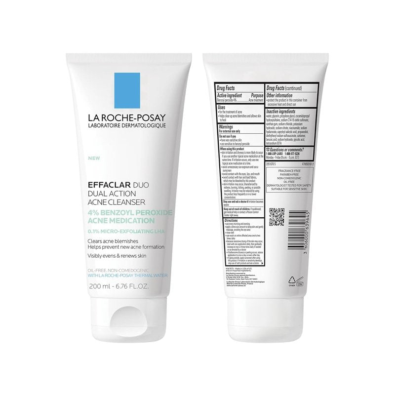 La Roche-Posay Effaclar Dual Acne Face Wash - 4% Benzoyl Peroxide & LHA Exfoliant, 6.76 Fl Oz