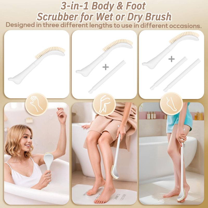 GEENOA New Foot Brush & Foot Files Set(3PCS), 3-IN-1 Foot Scrubber with Long Handle, 10.2’’-27.5’’Adjustable Foot Scrub Brush and 2 Upgrade Foot File Callus Remover, Gift-Box Packed(White+2*Foot File)