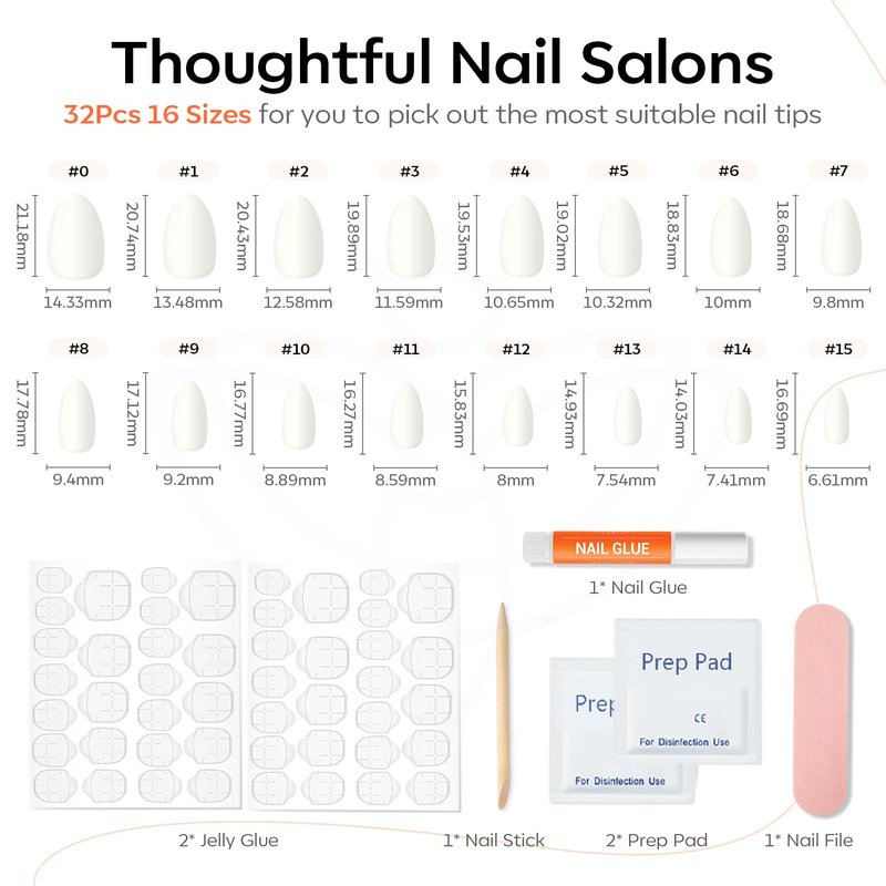 Modelones Milky White Press on Nails Almond, Summer Short Fake Nails, Reusable Nail Kit with Nail Glue Adhesive Tabs Mini Nail File, Nails Press Ons 32Pcs 16 Sizes, Women Girl Gift