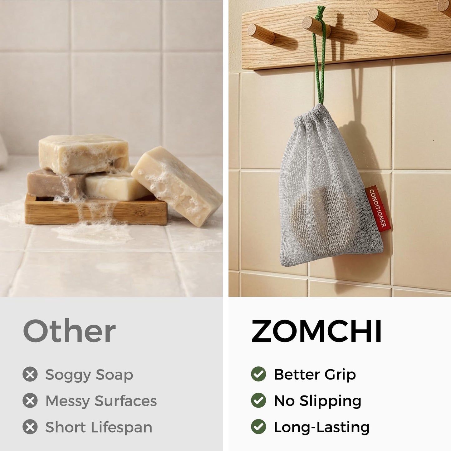 ZOMCHI Mesh Soap Saver Bags, Soap Holder Pouch for Shower, Body & Shampoo Bars, Travel Pouch Bag with Hanging Loop (3 Pack, Gray)