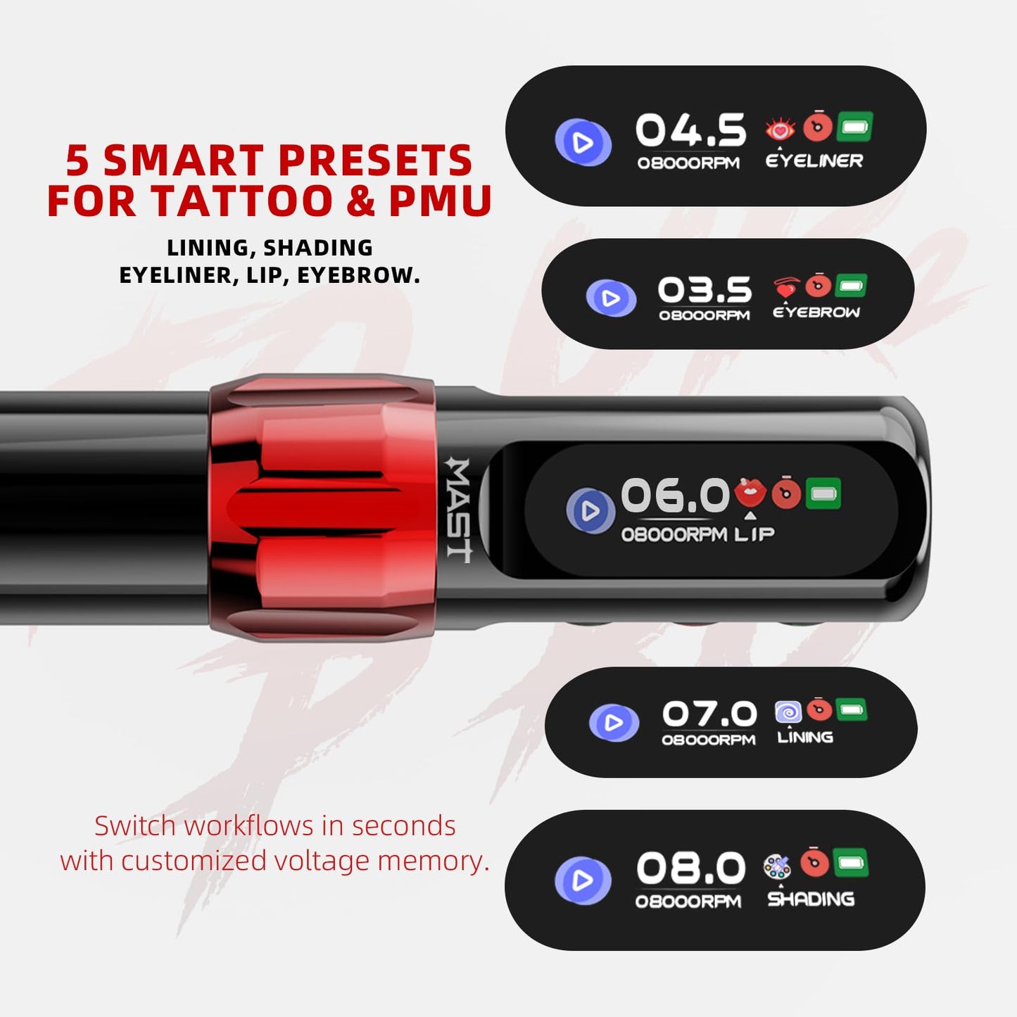 Mast Tattoo Tour2 Pro Wireless Tattoo Kit, 111g/3.9oz Lightweight PMU Machine with 2 Batteries, RCA Adapter, Tattoo Needles, Ink & Practice Supplies for Permanent Makeup and Fine Line Work