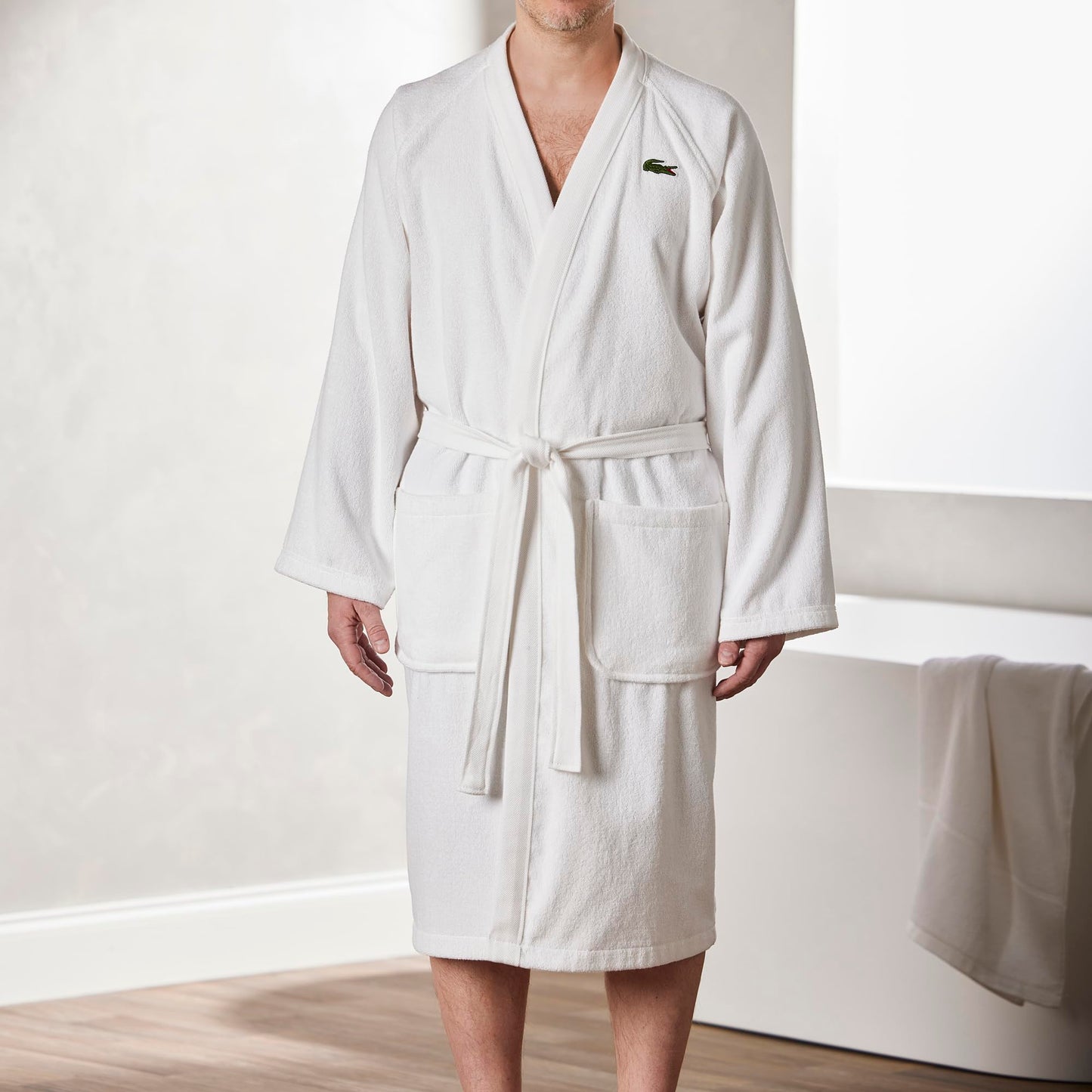 Lacoste Classic Pique Bath Robe, 100% Soft Cotton Terry, Unisex Bathrobe for Adult Women & Men, Luxury Robe for Spa, Super Absorbent & Quick Drying, One Size Fits Most, White