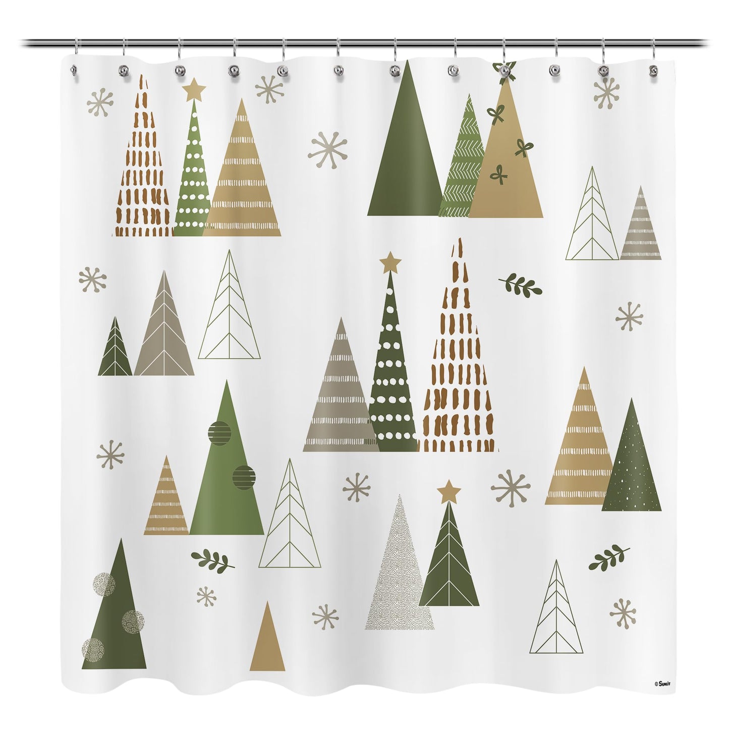 Sunlit Geometric Modern Design Christmas Shower Curtain Christmas Tree Bathroom Home Office Holiday Wall Decoration as Tapestry and Photo Booth Backdrop Gold Green White Printed