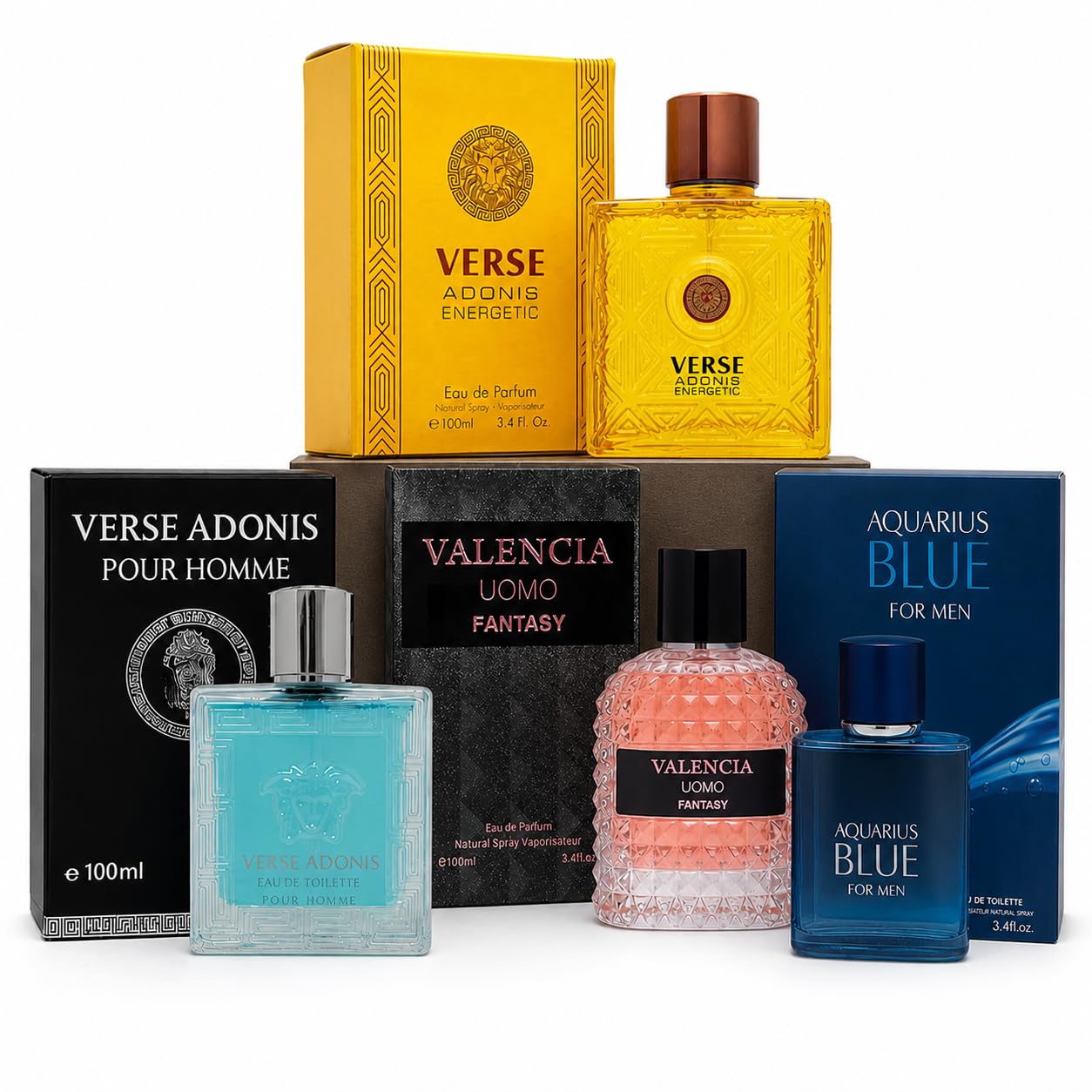 Verse Adonis Men’s Cologne Gift Set – 4 Fragrance Collection (Energetic, Pour Homme, Aquarius Blue, Uomo Fantasy) – Long Lasting Cologne Sprays with Fresh, Citrus, Woody Notes – 3.4 Fl Oz Each