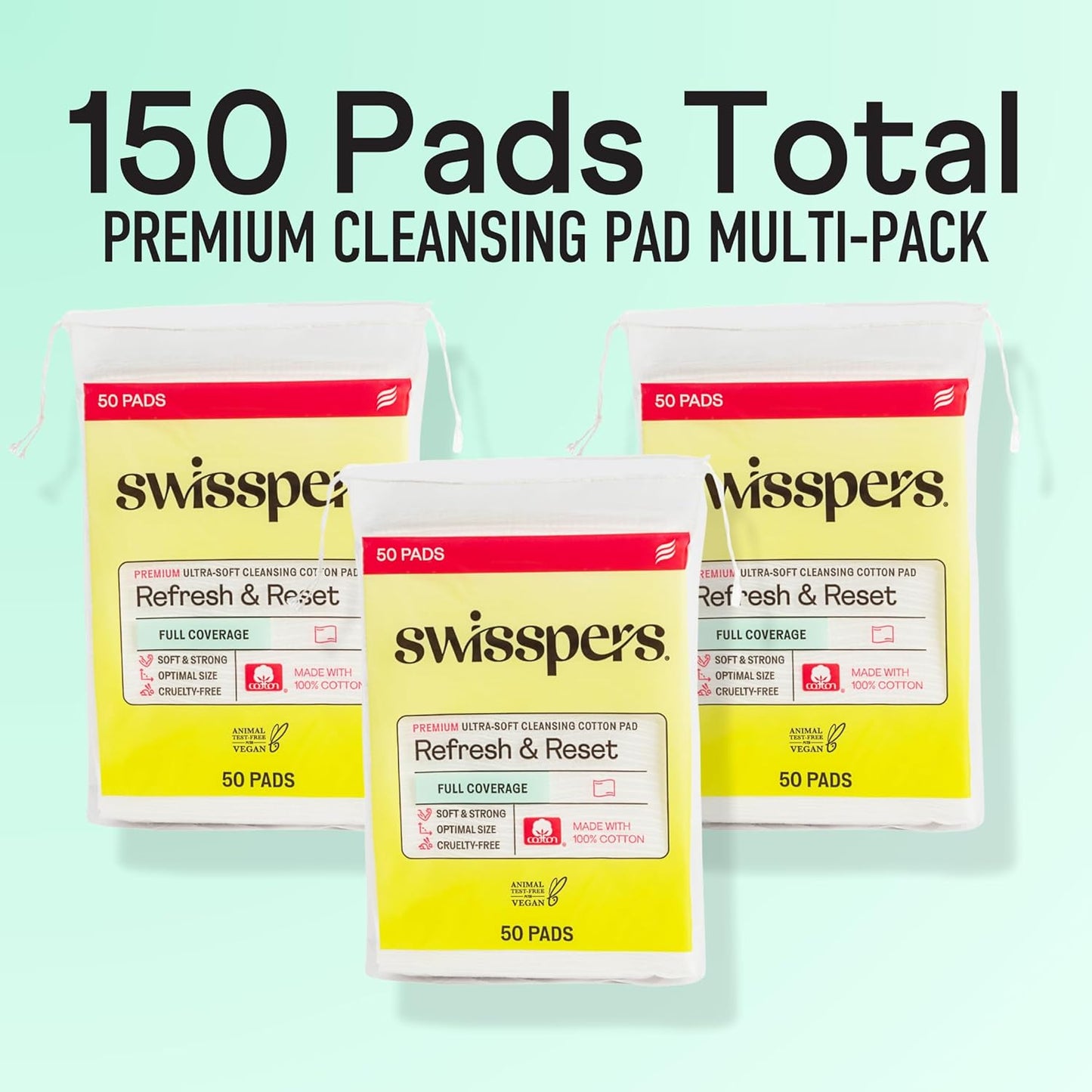Swisspers Facial Cleansing Cotton Pads | Ultra-Soft Natural Fiber, 50 Count, 3 Pack - Cruelty-Free Skincare Essentials