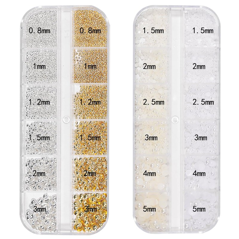HNUIX Nail Art Charms - Metal Silver & Gold Beads, Flat Back Round Rhinestones, Small Nail Pearls, 3D Mixed Sizes Decorations for Nails