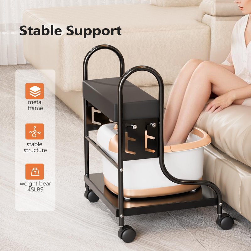OmySalon Pedicure Cart Foot Bath Trolley, Adjustable Height Salon Trolley with PU Cushion, Portable Nail Esthetician Cart for Manicure & Foot Massage, Beauty Spa Supplies with Locking Wheels (Black)