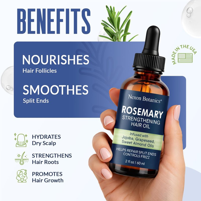 Nexon Botanics Rosemary Hair Oil - Lightweight Scalp Treatment for Hair Growth | 2 fl oz with Peppermint, Jojoba & Vitamin E