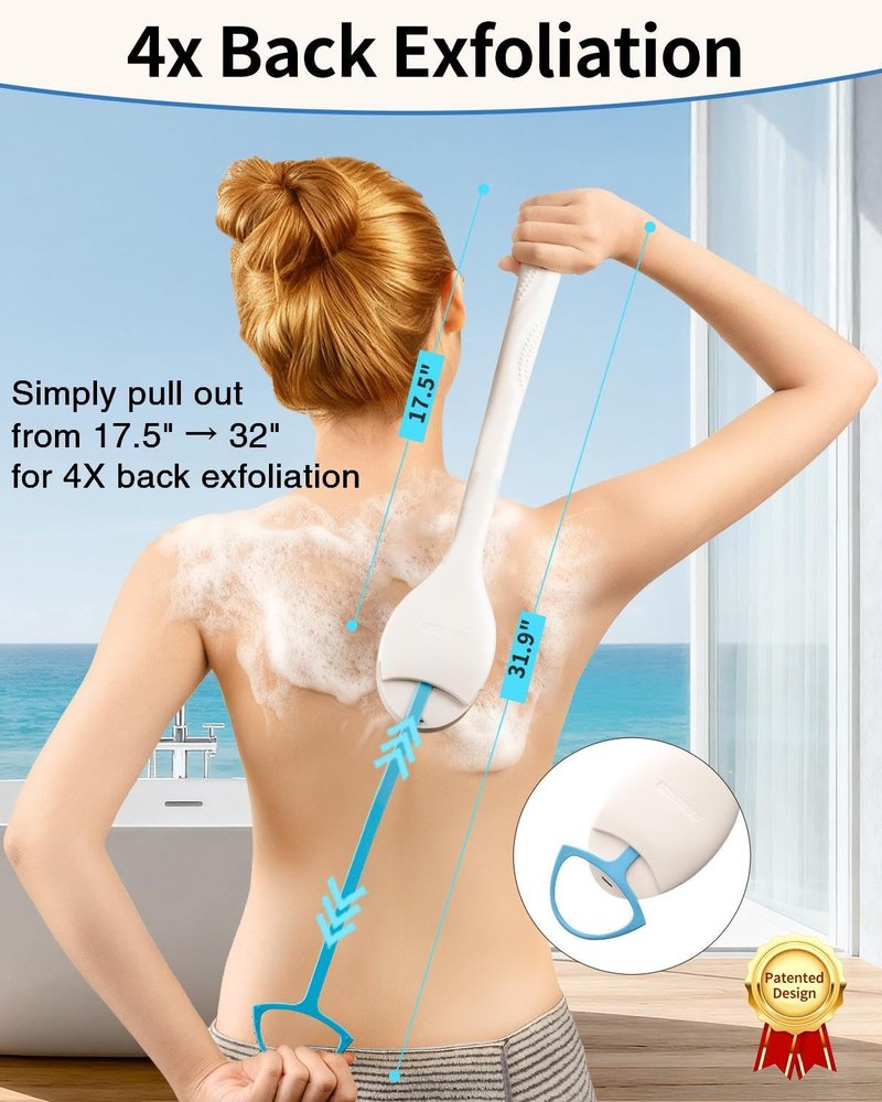 BUBBLEDANCE® Natural Boar Bristle Back Scrubber – 4X Scrubbing Power, Extendable Long Handle (17.5"-31.9") for Deep Exfoliation & Dry Brushing – 1.3X Wider Head, Anti-Slip Shower Brush for Men & Women