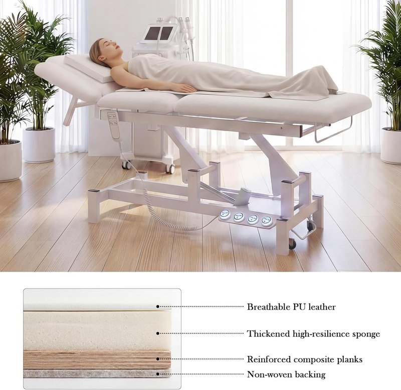 2-Motor Electric Massage Treatment Table w/Wheels, 3-Section Angle & Height Adjustable, Professional Spa Esthetician Bed for Facial, Tattoo, Waxing, Physical Therapy & Medical Exam Table
