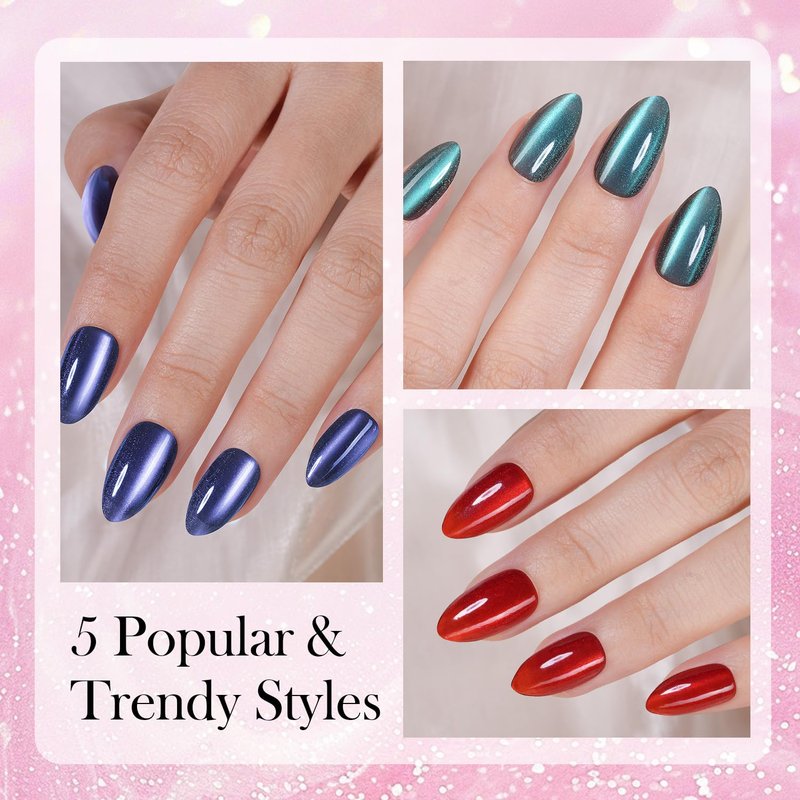 Cat Eye Press-On Nails - 300 Pcs Glossy Glitter Medium Almond Soft Gel Nail Tips | Reusable in 15 Sizes