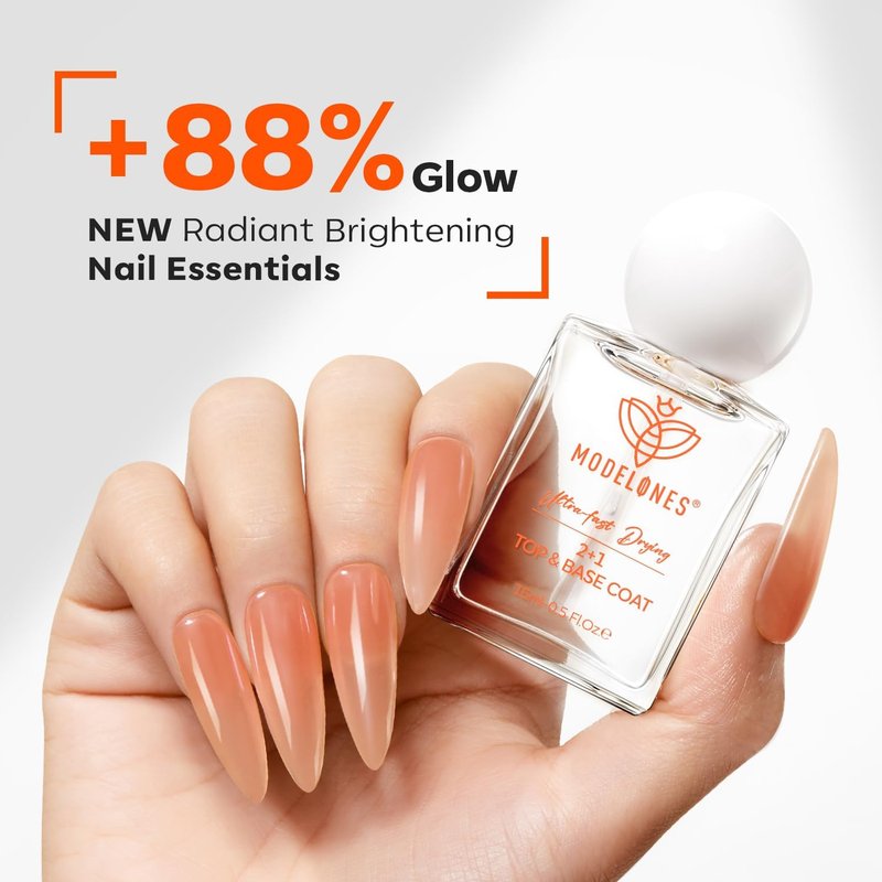 Modelones Clear Nail Polish - 3-in-1 Top Coat & Base Coat | Nail Strengthener, 15ml Quick Dry, Long-Lasting Shine