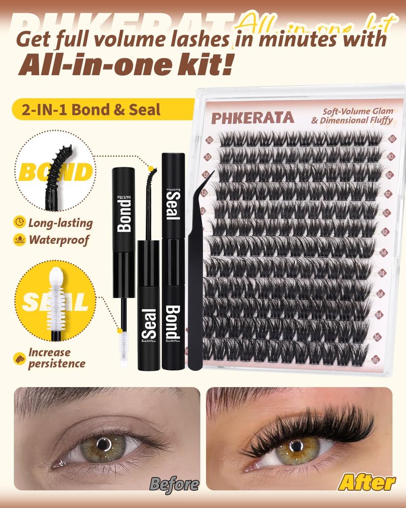 PHKERATA Fluffy Lash Clusters Kit D Curl Wispy Eyelash Clusters Kit, 3D Volume Cluster Eyelash Extensions Kit DIY Individual Lashes with Bond and Seal & Tweezers, 144pcs, 10-16mm