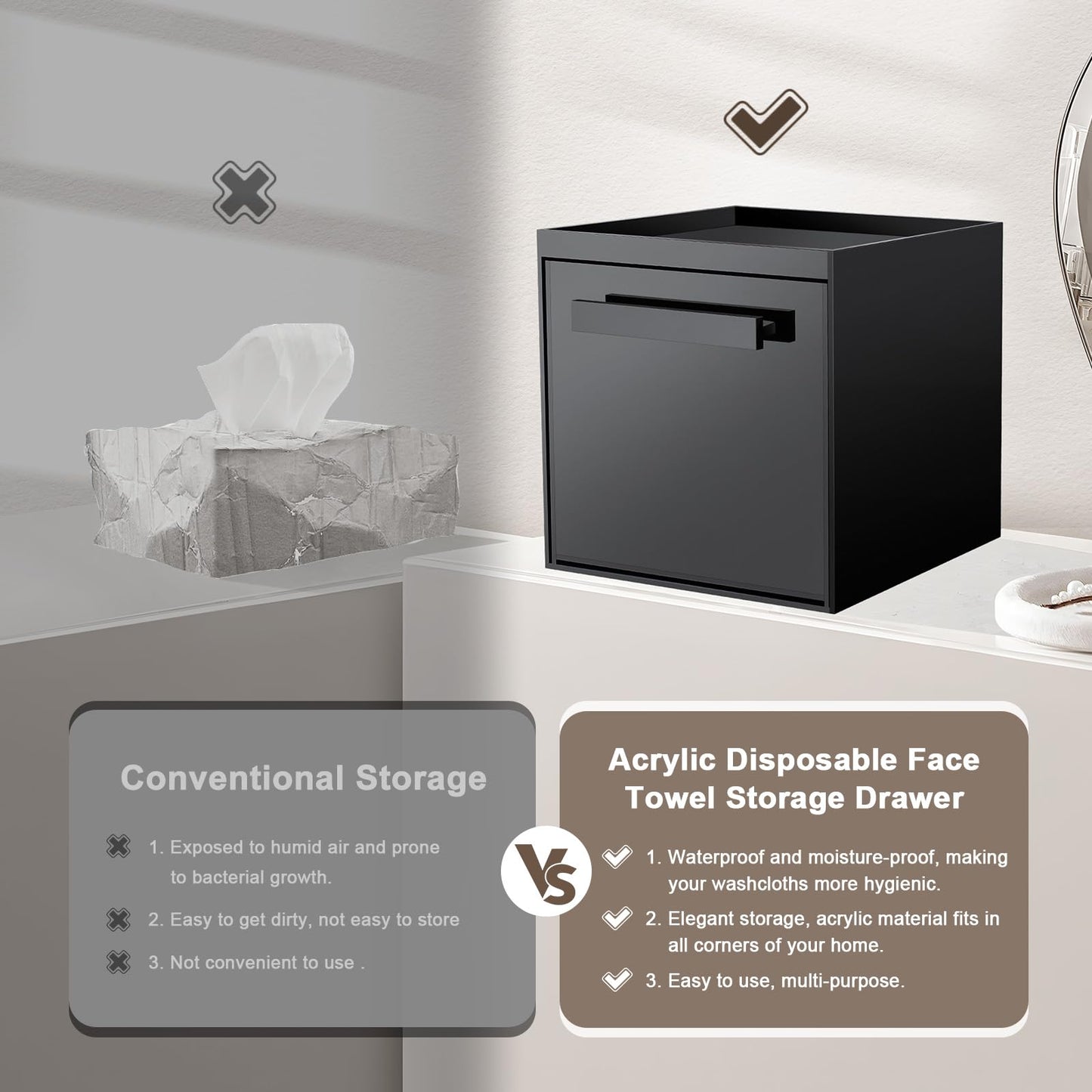 TAINESS Disposable Face Towel Storage Box Compatible with Clean Skin Club Clean Towel XL Acrylic Cosmetic Organizer Container Box Facial Towels Holder with Drawer Wall-Mounted (Glossy Black)