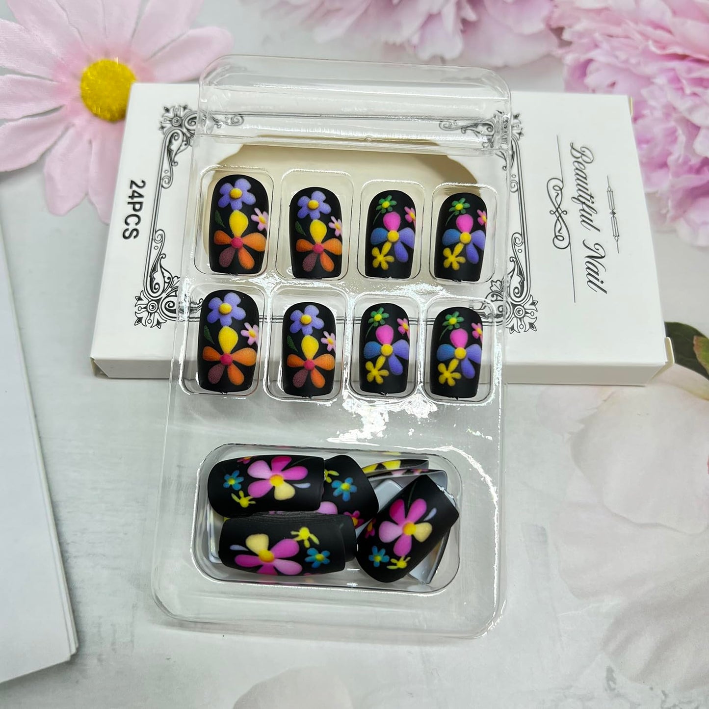 Skiennix Short Square Flower Press-On Nails - Multicolor Floral Design | Black Matte Full Cover, 24 Pcs
