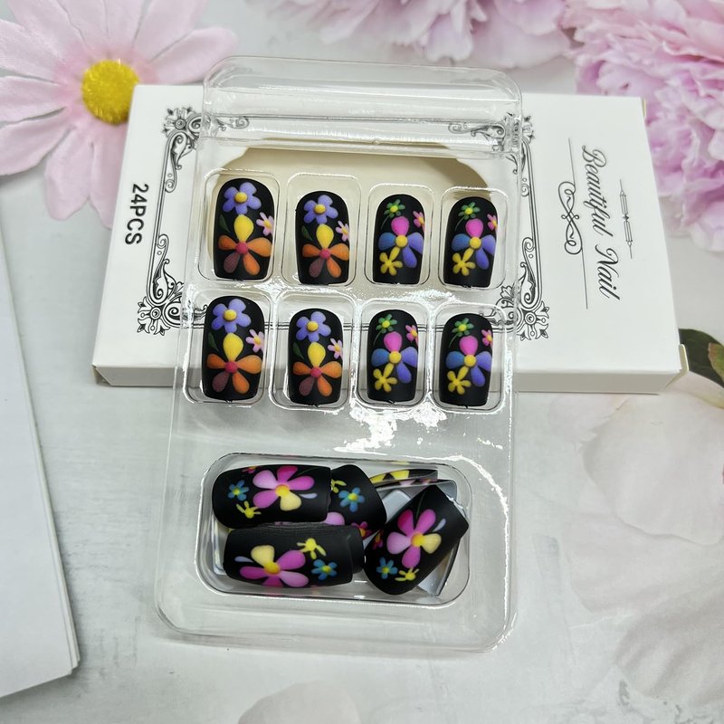 Flower Press on Nails Short Square Fake Nails with Multicolor Floral Design Black Matte False Nail Full Cover Spring Summer Stick on Nail for Women 24Pcs