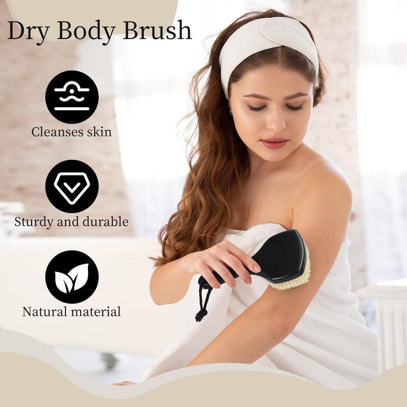 DEBETOOL Dry Brushing Body Brush for Exfoliating - Natural Boar Bristle Lymphatic Drainage Brush for Body Care, Removes Flaky Skin & Improves Blood Circulation