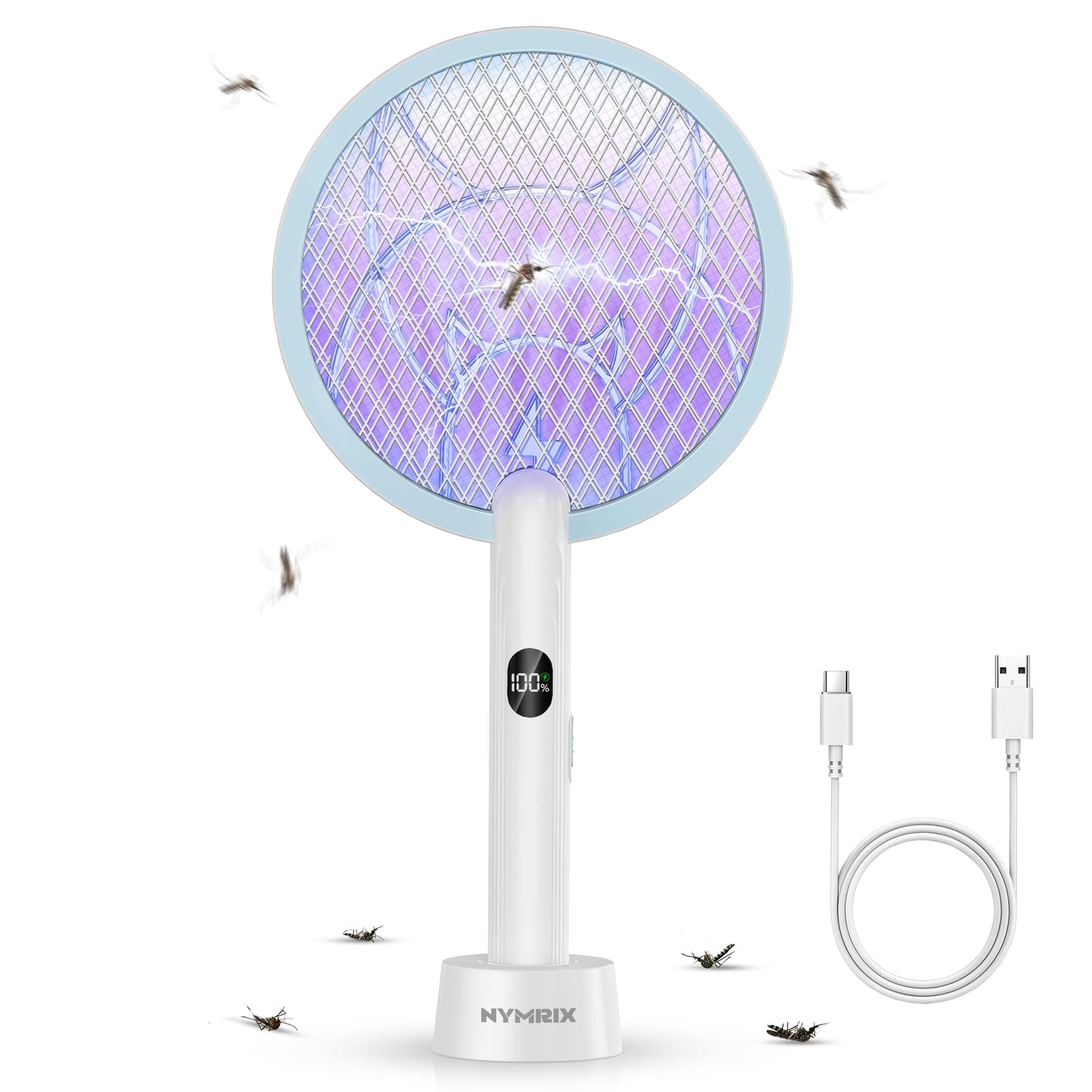 Nymrix Electric Fly Swatter Racket, 2 in 1 Mosquito Bug Zapper 4100V Max Handheld Mosquito Killer with 1800 mAh Rechargeable Battery, Purple Light and 3-Layer Safety Mesh for Indoor Outdoor Blue