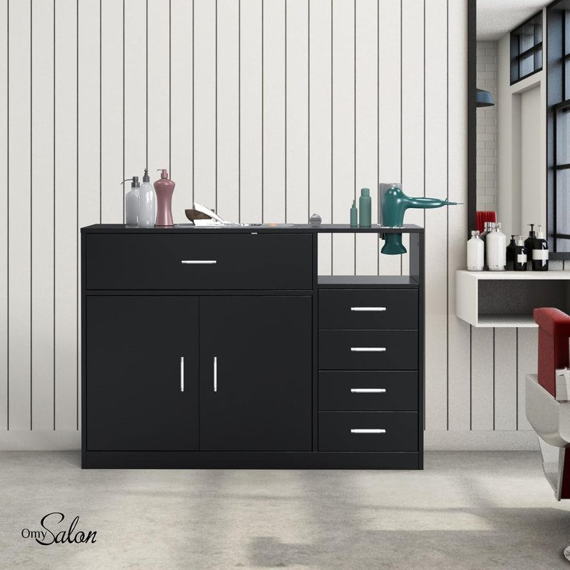 OmySalon Free Standing Salon Station - Barber Styling Cabinet with 5 Drawers & 3 Dryer Holders | Black