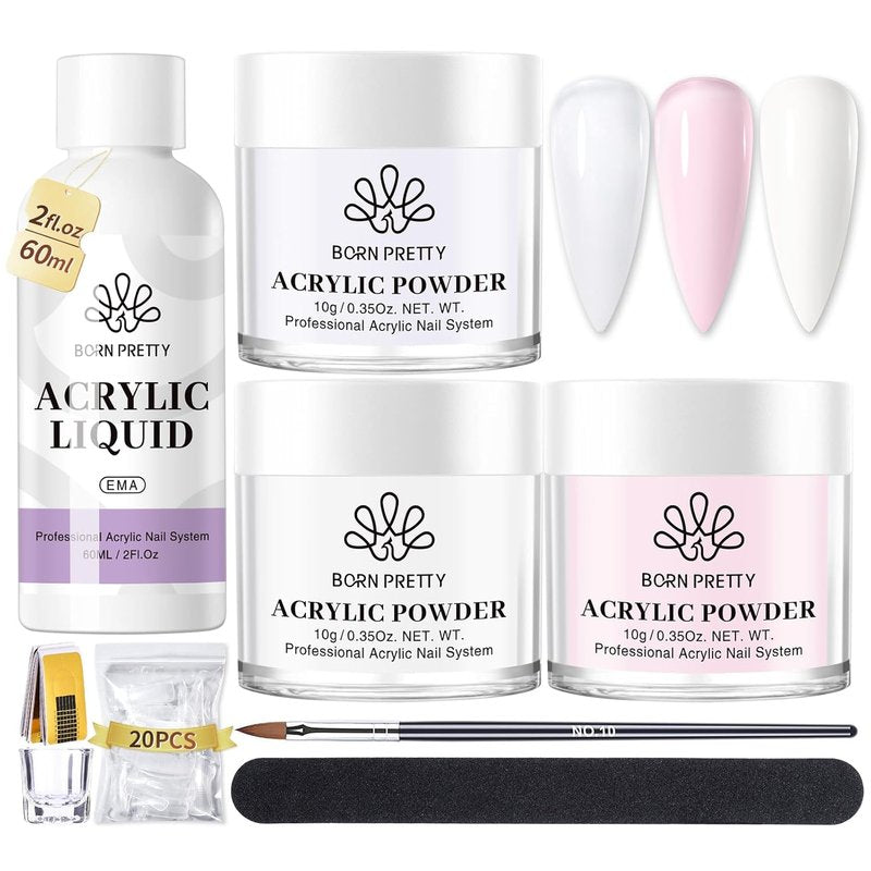 BORN PRETTY Acrylic Nail Kit - Clear, White & Pink Powder with Liquid, Forms, Brush & File | Beginner Friendly