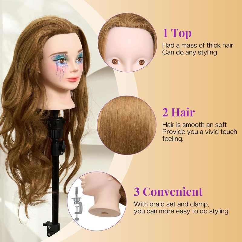 Skiennix 28" Mannequin Head - 80% Real Human Hair for Makeup Practice & Cosmetology Training
