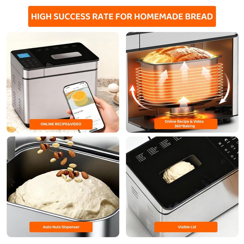 25-IN-1 Automatic Bread Machine | 2lb Size with Visible Lid, Auto Nut Dispenser, One-Touch Display, 13-Hour Delay Timer & Recipes – Easy to Use, High Success for Homemade Bread. Dark Gray