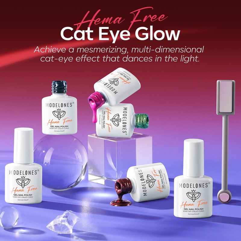 modelones Cat Eye Gel Nail Polish Set, Hema-Free 6 Colors Noen Glitter Pink Red Green Purple Blue Black Cateye Gel Polish Kit with Magnet Sparkle Galaxy Series Soak Off Led Nail Art Salon DIY Gifts