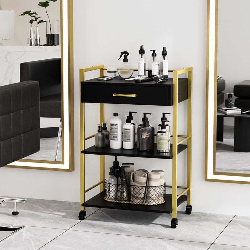 Salon Trolley Cart with Wheels, Esthetician Cart with 1 Drawer & 2 Trays, Mobile Storage Organizer for Beauty Spa Massage Tattoo Esthetic Facial Tool Holder Station, Black Gold