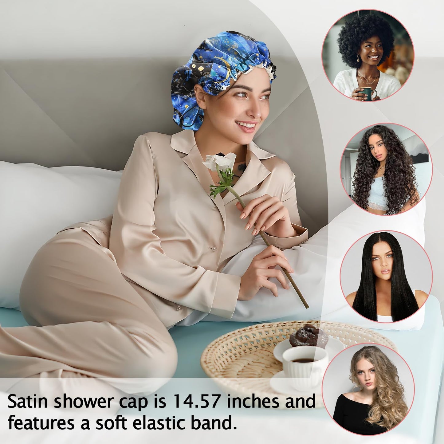 Cabreche Luxury Shower Cap Satin Silk Lined Adjustable Elastic Reusable Waterproof Shower Bath Cap Cute for Women Girls-Black Cat Blue