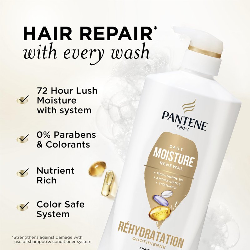 Pantene Shampoo & Conditioner Set, Daily Moisture Renewal with Vitamin E - Pro-V Nutrients for Dry, Color-Treated, Straight to Curly Hair, 72-Hour Hydration & Softness, 52.8 Oz Total